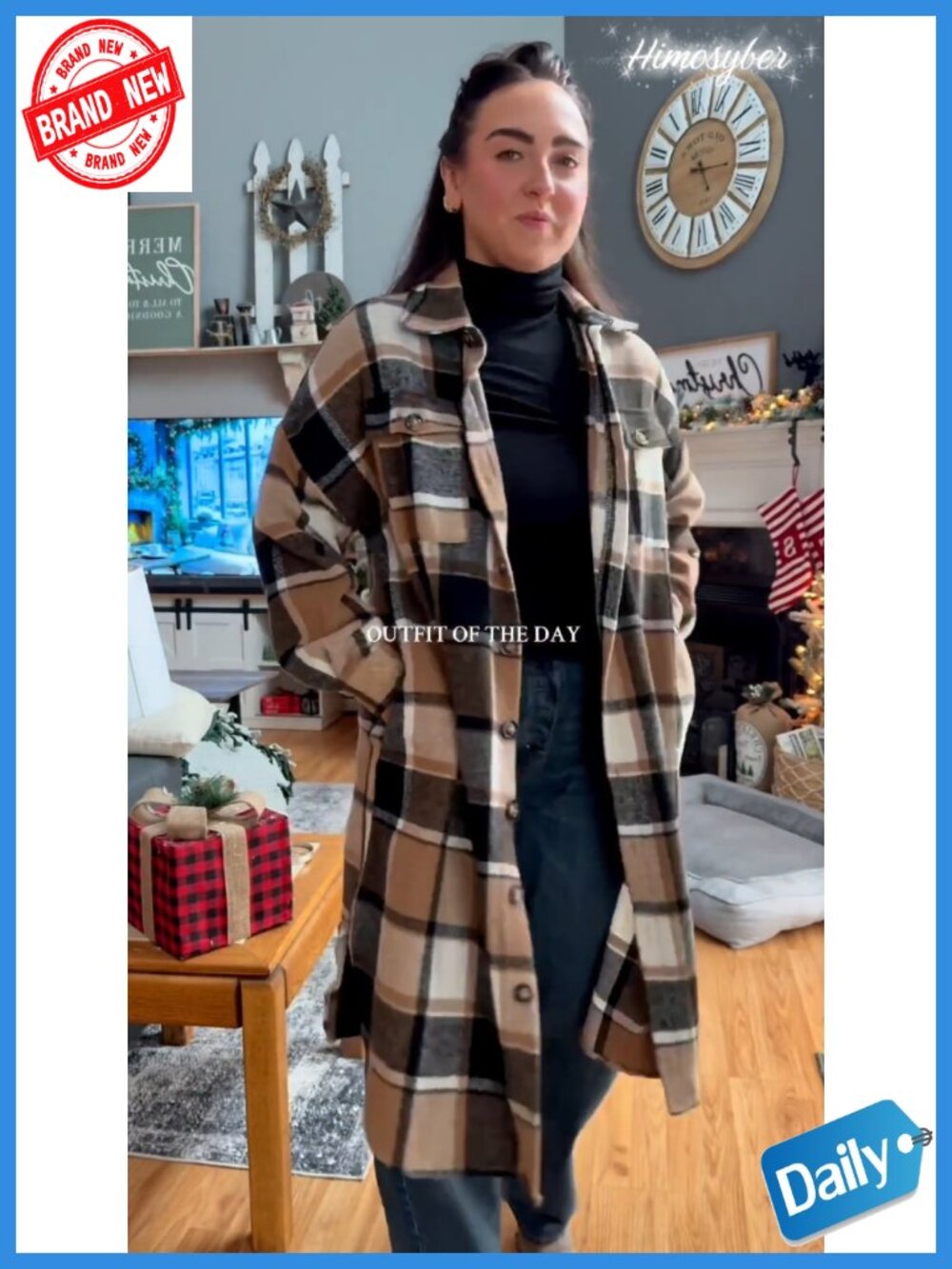 Tartan Plaid Button Up Long Shacket Coat with Pockets - Picture 6 of 6
